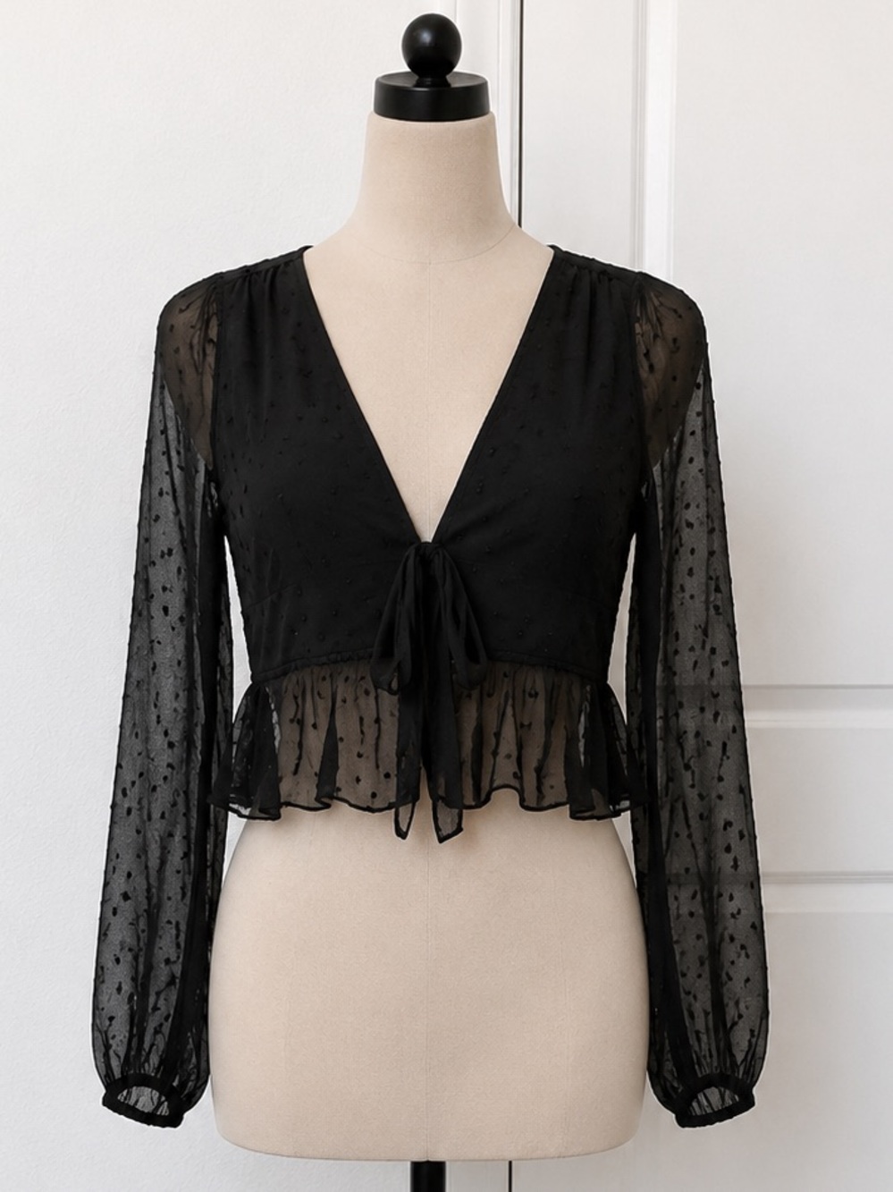 Sheer Black Swiss Dot Tie-Front Blouse